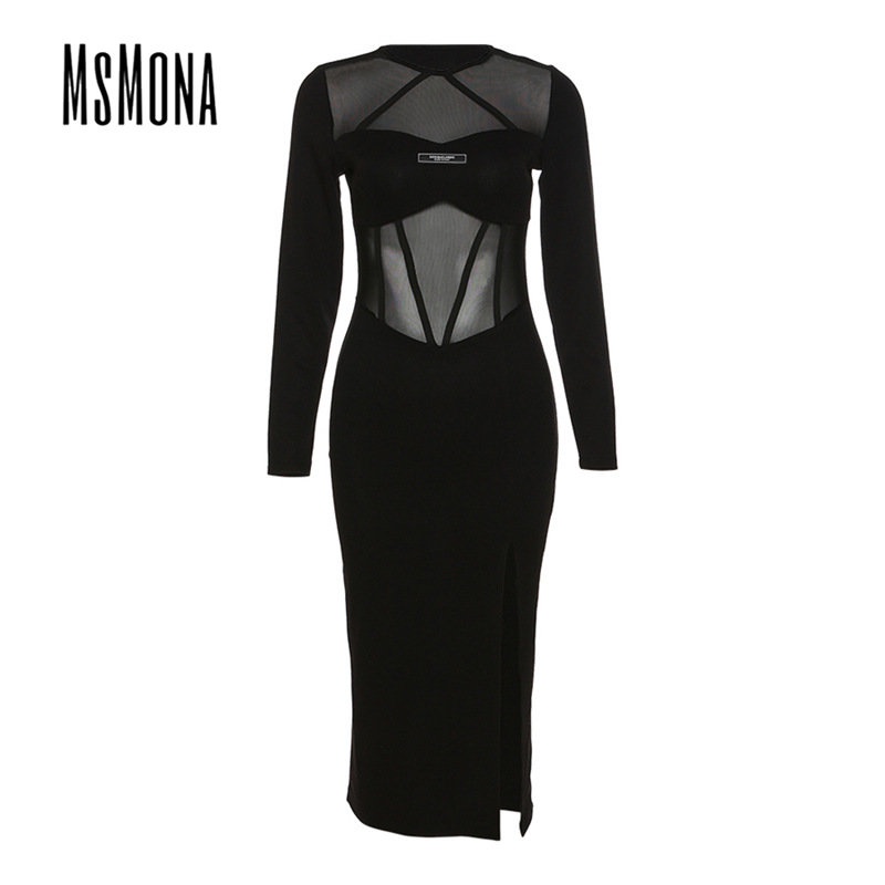 MsMona Đầm Tay Dài Cổ Tròn Màu Trơn Thời Trang 2023 Quyến Rũ Cho Nữ