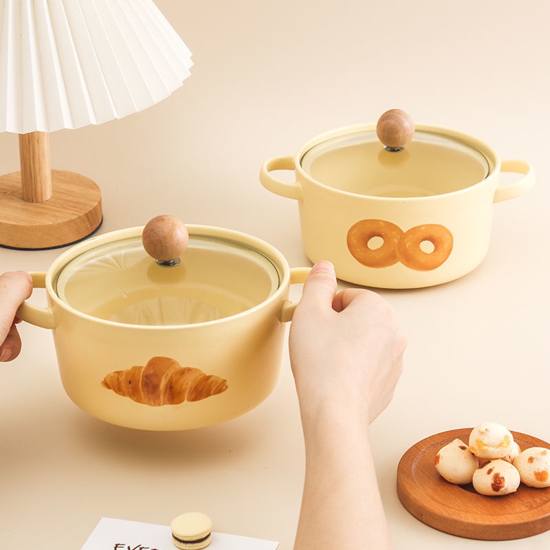 Bát Ăn Cơm / Súp Bằng Sứ Có Nắp Đậy Tai Đôi Màu Vàng Kem Phong Cách Hàn Quốc