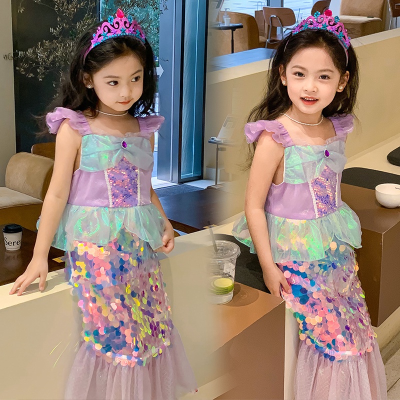 Đầm Công Chúa Tiên Cá Đính Kim Sa Lấp Lánh Cho Bé Gái