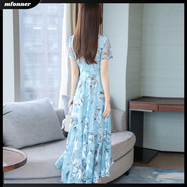 Đầm Dài Tay Ngắn Họa Tiết Hoa Thời Trang Mùa Hè Cho Nữ