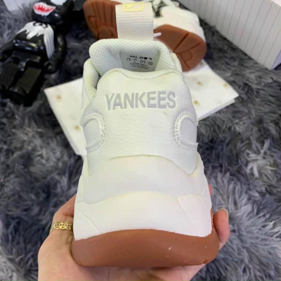 Giày sneaker mlb NY đen, Giày thể thao nam nữ NY đế nâu da bò tăng chiều cao 4cm full size nam nữ G349 Gragas Sneaker