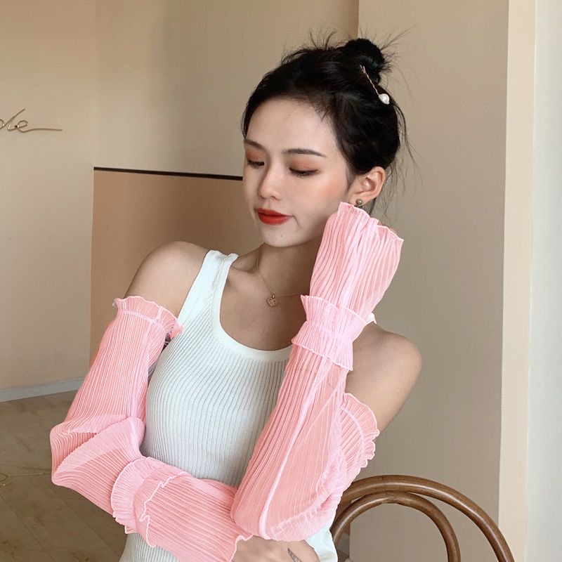 Găng Tay Chống Nắng Bằng Lụa Lạnh Phối Ren Mềm Mại Co Giãn Tốt Chống Bụi Chống Tia Uv Thời Trang Cho Nữ