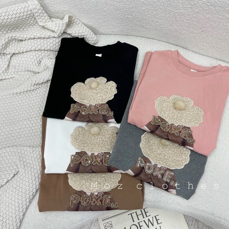 Áo Phông Tay Lỡ Cổ Tròn Thêu Nổi Poxe CHất Cotton Co Dãn 3 Màu Con Gấu