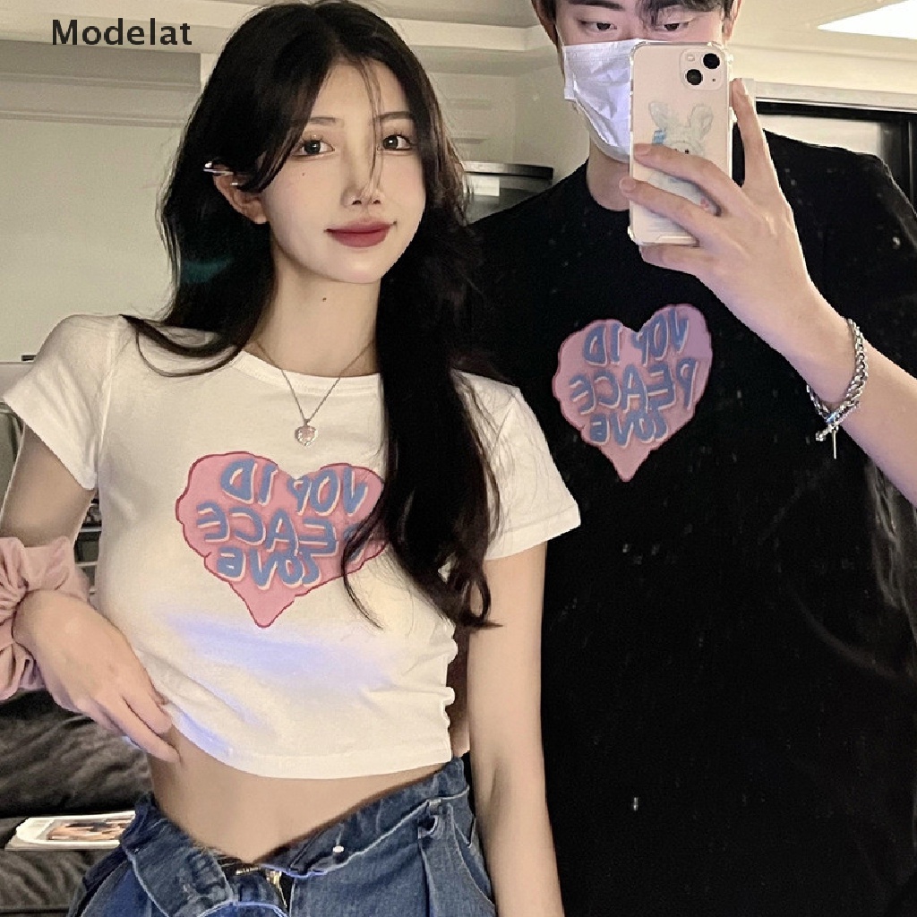 Áo Thun Croptop Tay Ngắn In Họa Tiết Trái Tim Màu Trắng Đen Phong Cách Harajuku Hàn Quốc Cho Nữ