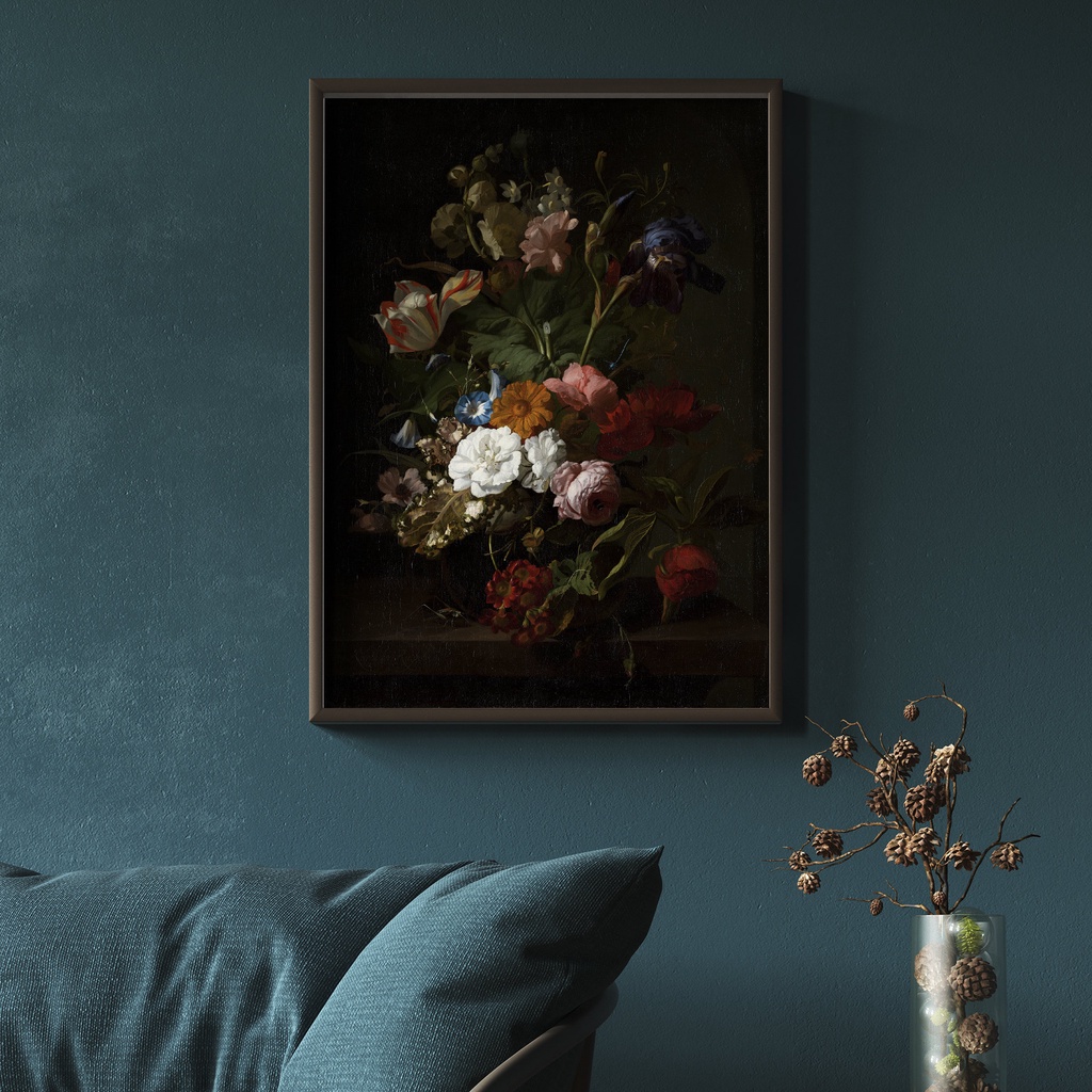 Tranh treo tường, Dark Floral Wall Art Art Moody Flower Painting Antique Victorian Wall Art  Vintage, tặng kèm đinh treo