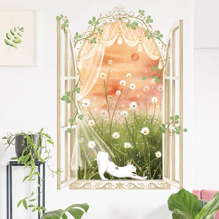 Decal dán tường, tranh dán tường hình của số mèo hoa lá xinh động trang trí nhà cửa, quán cà phê tạo không gian chụp ảnh