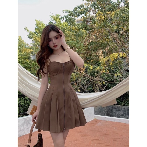 ĐẦM NÂU 2 DÂY PHỐI KHOÁ KÉO XẾP LY