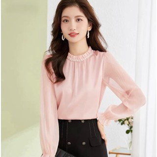 Áo sơ mi trung niên nữ u30 u40 u50,áo nữ kiểu cổ nhún đính hạt cao cấp ht _ thời trang trung niên