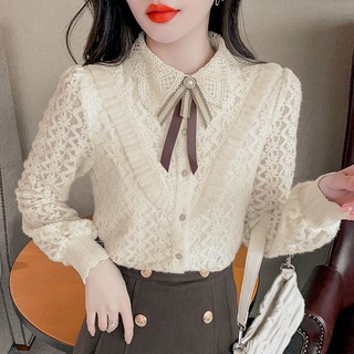 Áo sơ mi công sở nữ chất ren cổ phối nơ