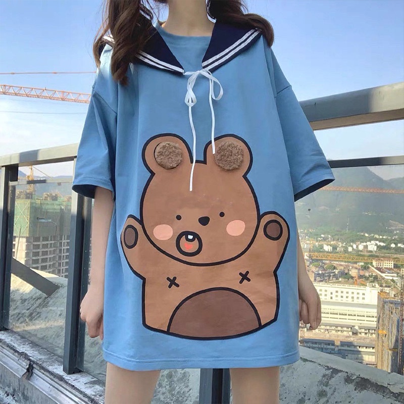 Áo Thun Nữ Ngắn Tay Cổ Tròn In Hình Gấu Dễ Thương