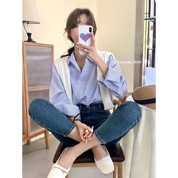 Áo SƠMI sọc kẻ vạt chéo Phong cách Ulzzang Hàn(Sẵn Đen L)