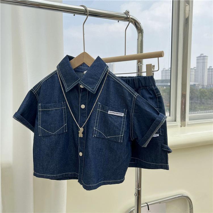 Hàng Mới Về Set Áo Thun Tay Ngắn Và Quần Short Denim Phong Cách Hàn Quốc Cho Bé Trai
