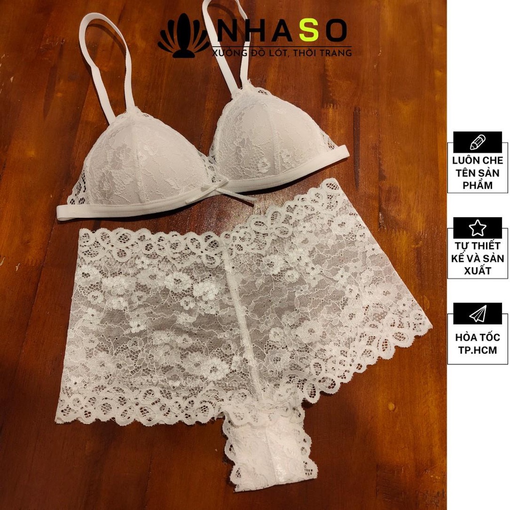 Bộ đồ lót ren 🔥NS010 hoa trắng không gọng mút vừa gợi cảm quần đùi boxer Nhà Sò