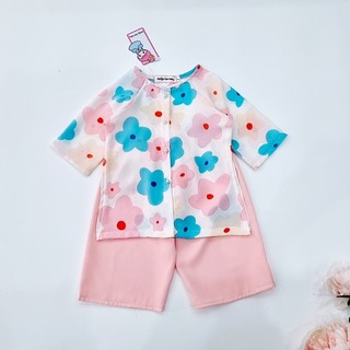 Bộ bà ba cúc ngọc họa tiết hoa đào tông hồng phấn, áo silk phối quần lụa mango mềm mát dành cho bé,