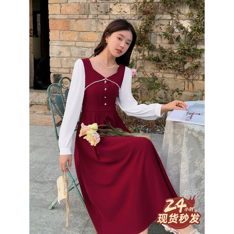 Váy 2 màu Đen Đỏ kiểu thời trang công sở, đi tiệc, đi chơi dáng xòe cổ bẻ cách điệu Deloga_official