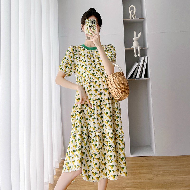 Váy Hoa Nhí, Đầm Bầu Hoa Nhí dáng babydoll chất vải lụa tằm mềm mại thoáng mát thoải mái.