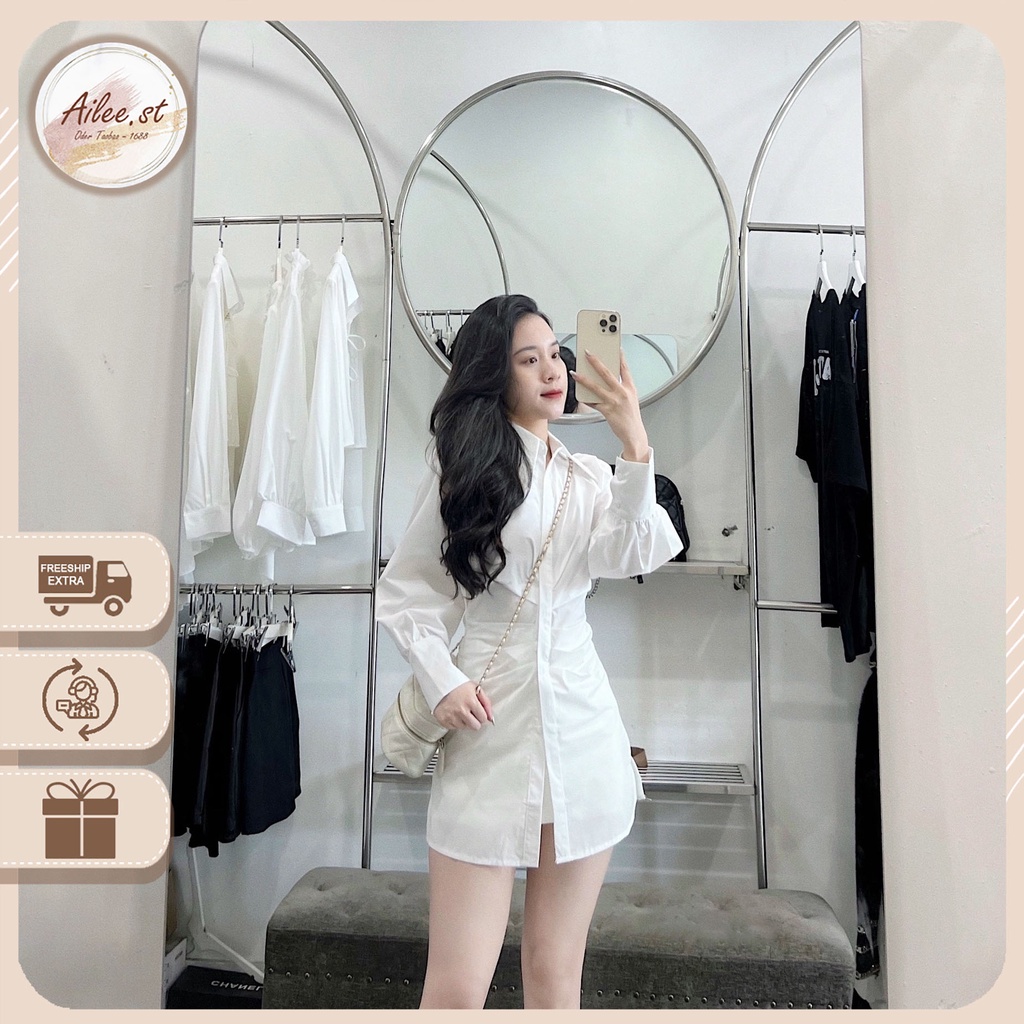Áo Sơ Mi Trắng Nữ Kiểu Công Sở Dài Tay Cổ Đức Tàu Dáng Dài Dáng Váy Dấu Quần Nhún Eo Tôn Chiều Cao Ailee.st SW - 2152391