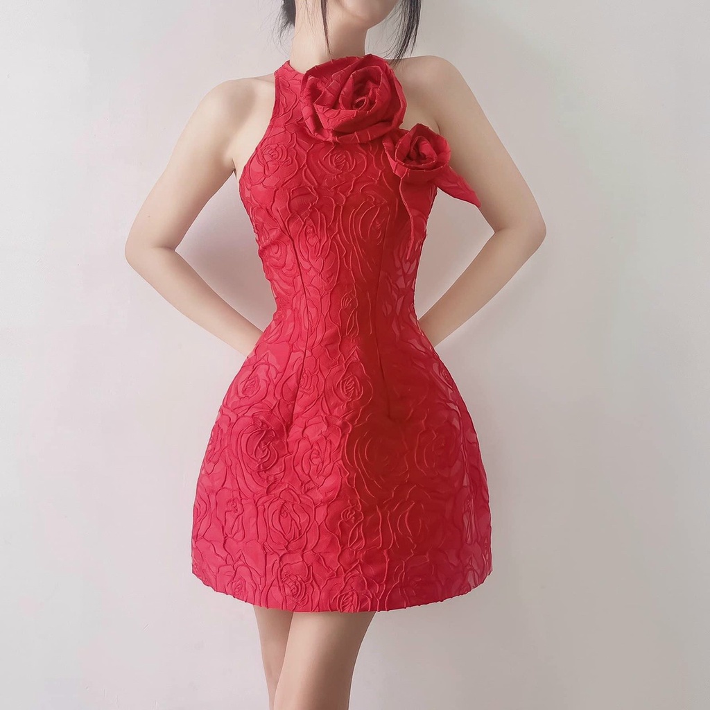 [3.3 Sales Freeship] Đầm nữ thiết kế đi tiệc, đầm gấm sát nách đính hoa hở lưng dáng chữ A màu đỏ vàng sang trọng dx