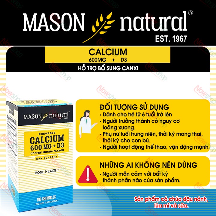 Viên nhai Mason Natural Calcium 600mg + D3 bổ sung canxi và vitamin hỗ trợ xương chắc khoẻ tăng chiều cao. Hộp 100 viên