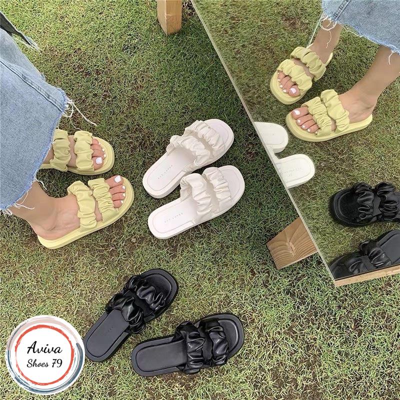 Dép mút bọc 2 quai nhúng da mờ cao 3cm xinh xắn hót 2022