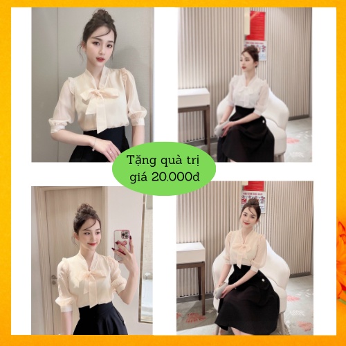 Áo Sơ Mi Nữ Công Sở Cổ Thắt Nơ, Vai Bèo, Tay Lỡ 2 Lớp Vải Làm Từ Vải Voan Cao cấp mang Phong Cách Hàn Quốc-OneShop88.VN