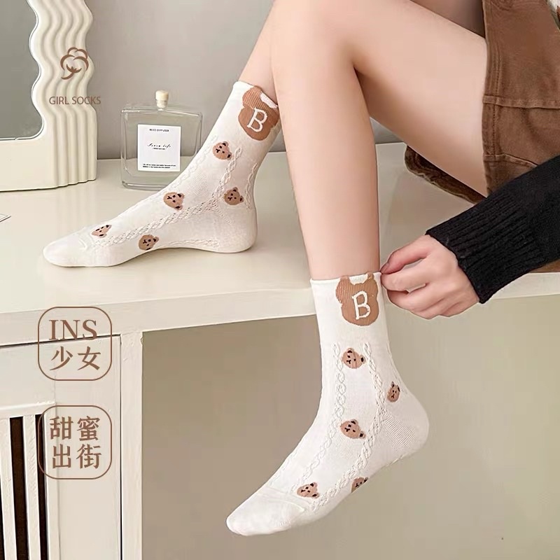 Tất Vớ Cổ Cao Nữ Jengiang họa tiết hình gấu chất liệu vải ren co giãn thời trang Hàn Quốc DO18