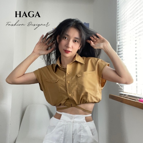 Áo sơ mi nữ cộc tay HAGA croptop dáng rộng rút eo phong cách Hàn Quốc SMCTBE74