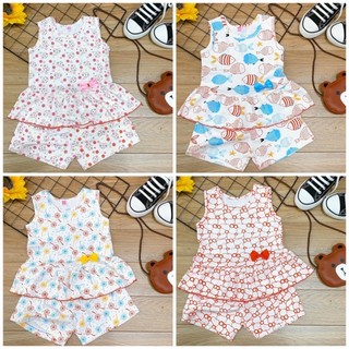 10-18kg Bộ thun coton họa tiết đẹp mẫu sát nách quần đùi áo nơ cho bé gái 056