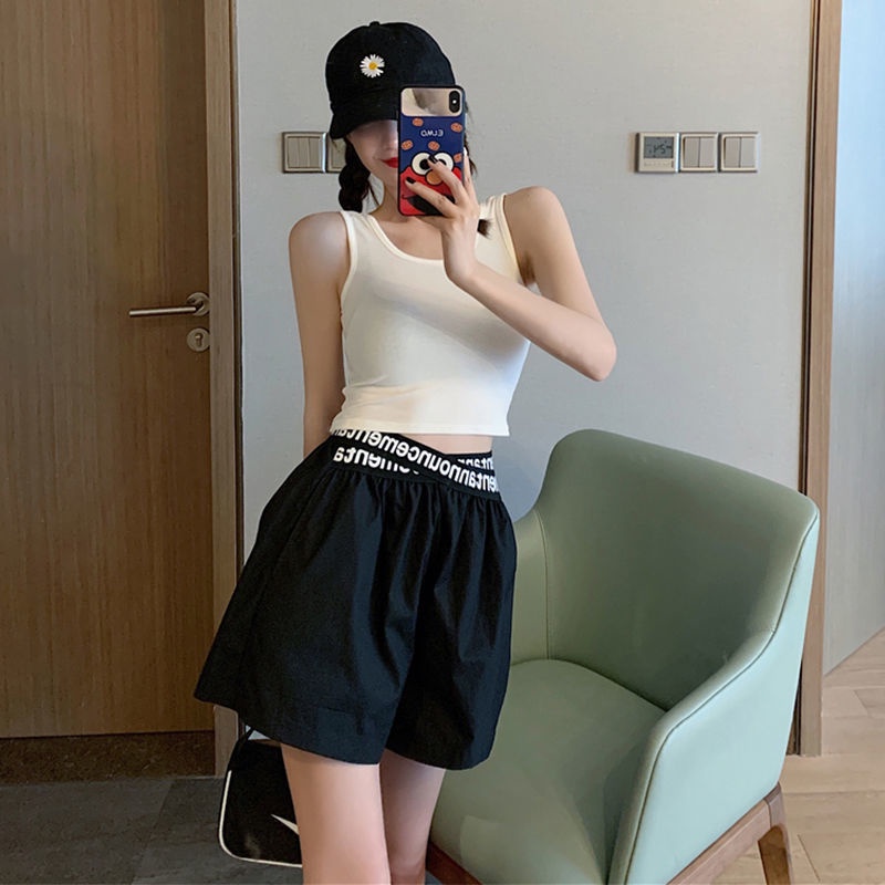 Jiashucheng Quần Short Lưng Cao Ống Rộng Màu Đen Thời Trang Mùa Hè Cá Tính