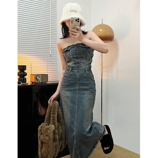 (ảnh thật) Váy đầm jeans cup ngực dáng dài thắt dây sau điều chỉnh eo lai tua phối nút form chữ A đi chơi du lịch