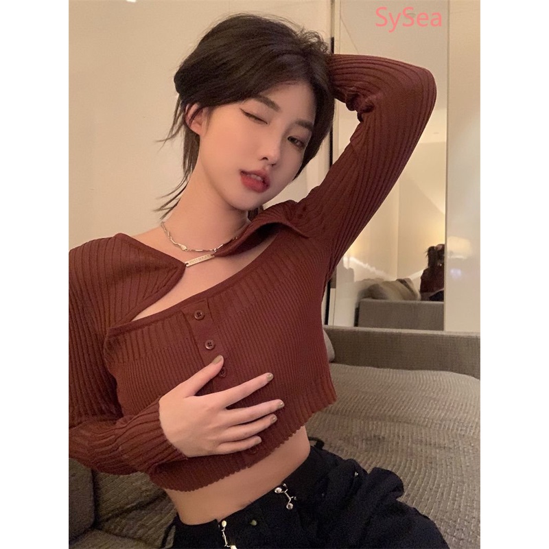 Áo Sweater Tay Dài Khoét Lỗ Phong Cách Quyến Rũ