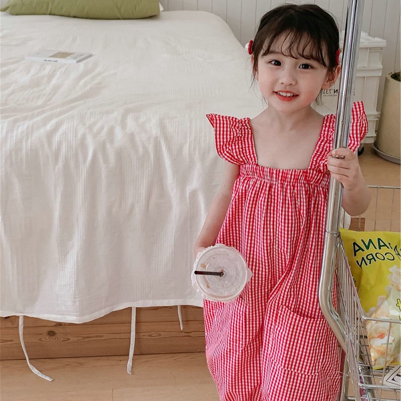 Áo Liền Quần Tay Bay Họa Tiết Sọc Caro Cho Bé Gái