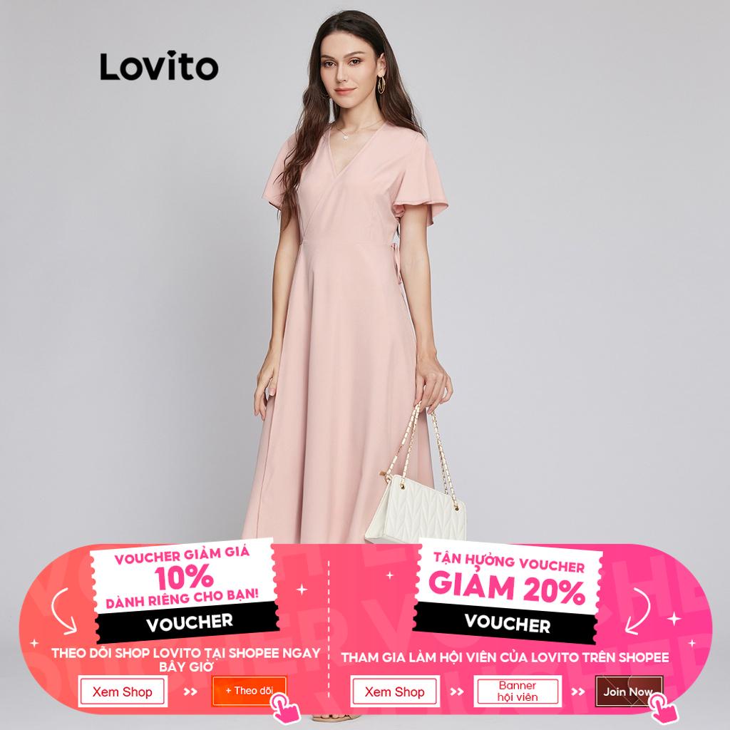 106DP-Đầm chữ A Lovito phong cách thường ngày màu trơn cổ chữ V tôn dáng L26LD058 (màu hồng bụi)