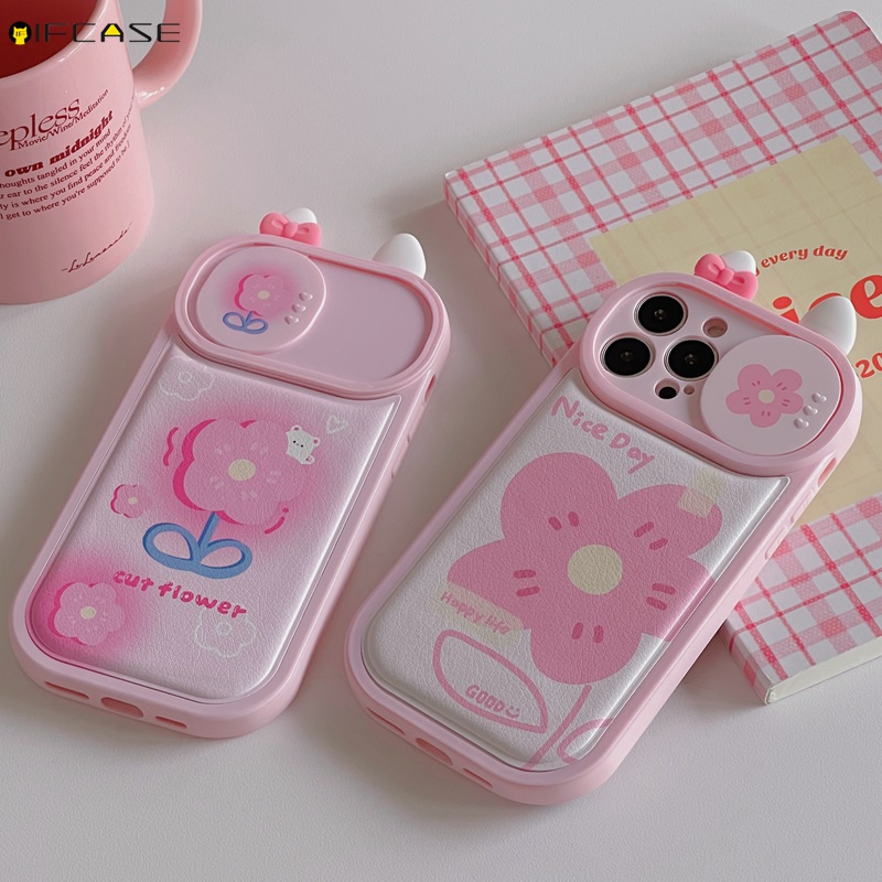 Ốp Điện Thoại Da Nắp Trượt Camera Họa Tiết Hoa 3D Cho iPhone 14 Plus 13 12 11 Pro Max