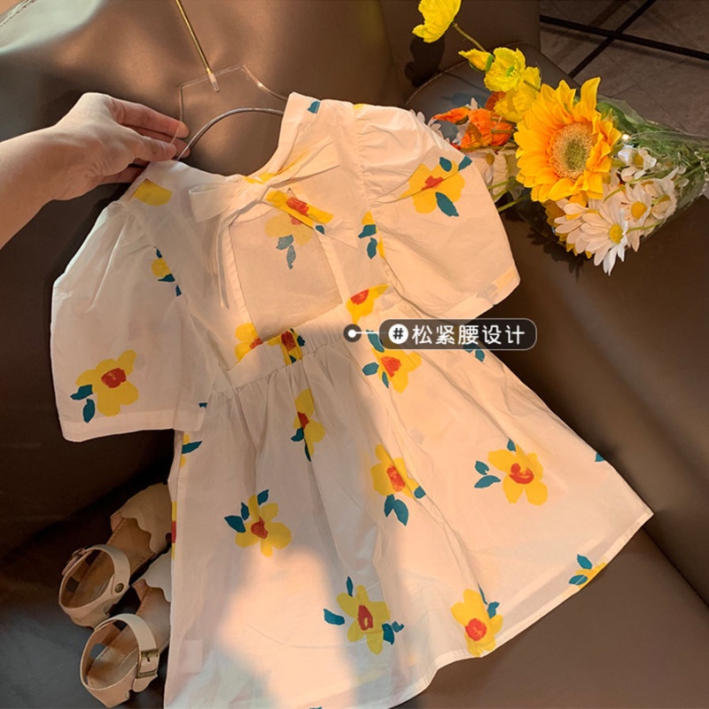 Đầm Công Chúa Mùa Hè Tay Cộc Hở Lưng In Họa Tiết Hoa Phong Cách Hàn Quốc Cho Bé Gái