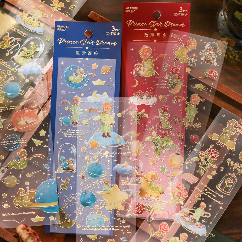 Bộ 3 Tấm Sticker Dán Trang Trí Sổ Tay DIY Hình Hoàng Tử Bé / Chú Cáo / Hành Tinh Nghệ Thuật