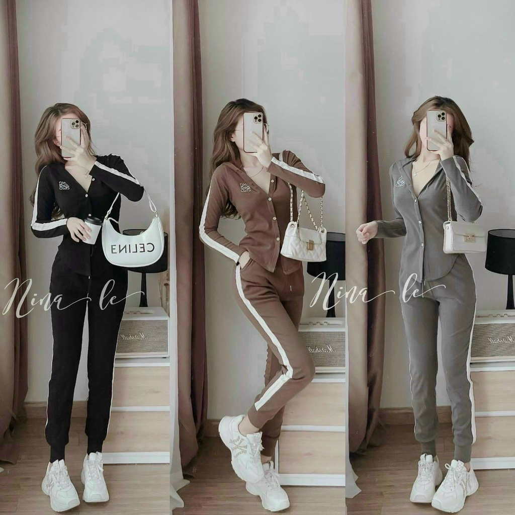 Set bộ quần áo thể thao nữ tay dài cài nút tôn dáng năng động
