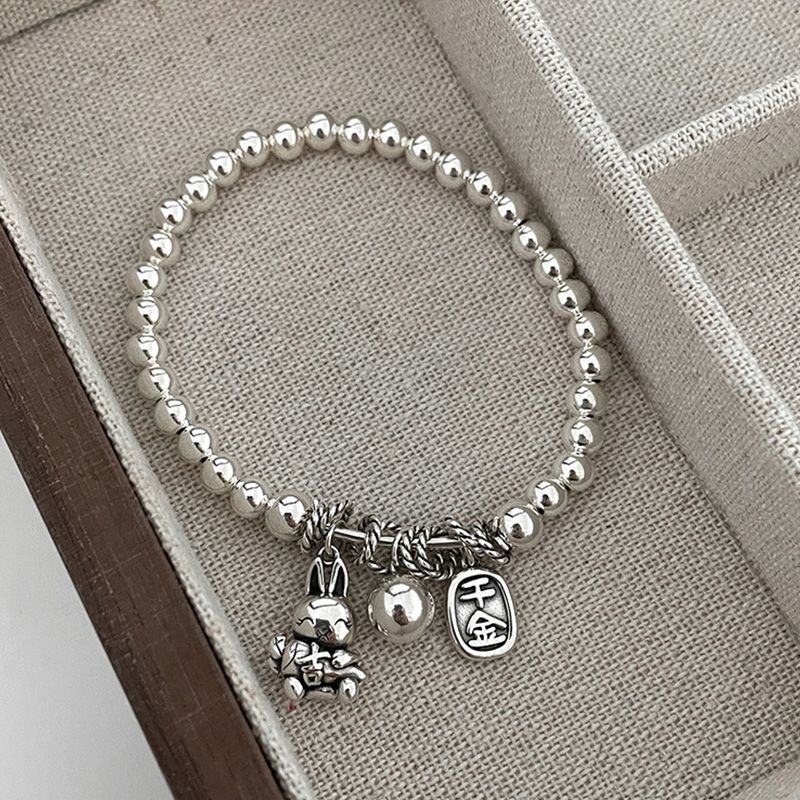 Vòng Tay Hạt Tròn Mạ Bạc 925 Mặt Hình Thỏ / Chữ Cái Thời Trang