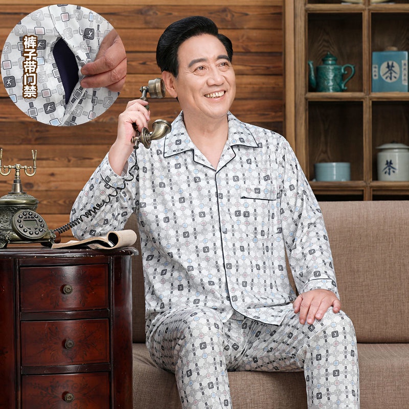 Bộ Đồ Ngủ Pijama Vải Cotton Màu Trơn Cỡ Lớn Thời Trang Mùa Đông Cho Nam Trung Niên