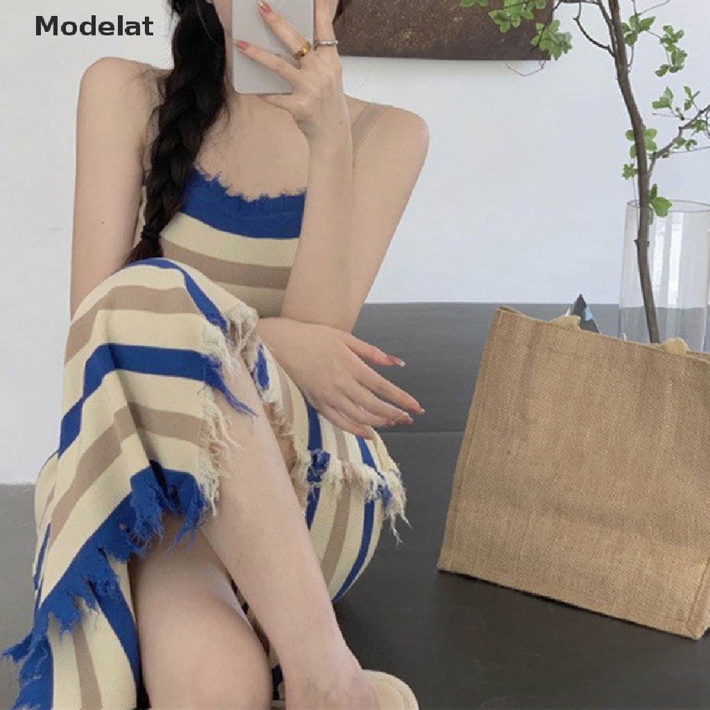 Mfc Đầm Dài Dệt Kim Không Tay Dáng Ôm Họa Tiết Kẻ Sọc Phong Cách Hàn Quốc Dành Cho Nữ