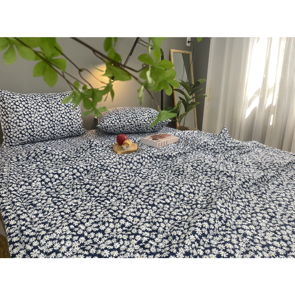 Bộ drap gối KHA LY - cotton thiên nhiên - Cúc Họa Mi Xám Đậm - VN321