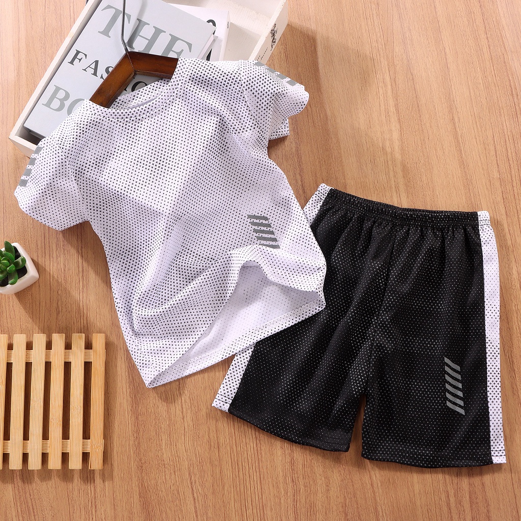 Set Đồ Thể Thao Phối Lưới Tay Ngắn 90-170cm Nhanh Khô Thời Trang Mùa Hè Cho Bé Trai Và Gái