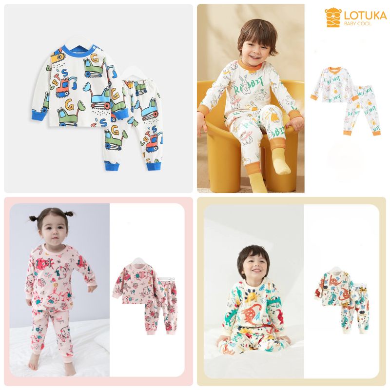 Bộ Dài Tay Bé Trai, Đồ Bộ Bé Gái LOTUKA In Họa Tiết Dễ Thương, Chất Thun Thoáng Mịn Size 4-18kg