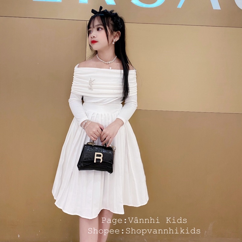 Set áo trễ vai YSN + chân váy xếp ly xoè cho bé size đại 17kg-42kg