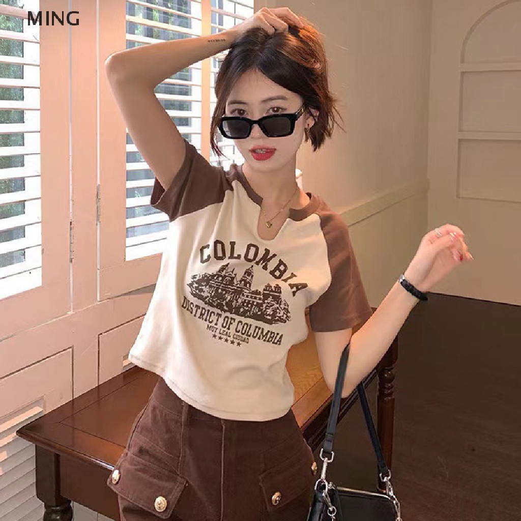 Áo Thun Croptop Tay Ngắn Cổ Tròn In Họa Tiết Phong Cách Retro Mỹ Cho Nữ