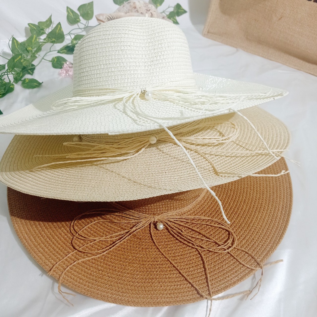Nón cói, Mũ cói đi biển cho nữ, chất liệu mũ cói mềm phối nơ đẹp (hình chụp thật) -Q12-vành to đính ngọc - NHƯ Ý