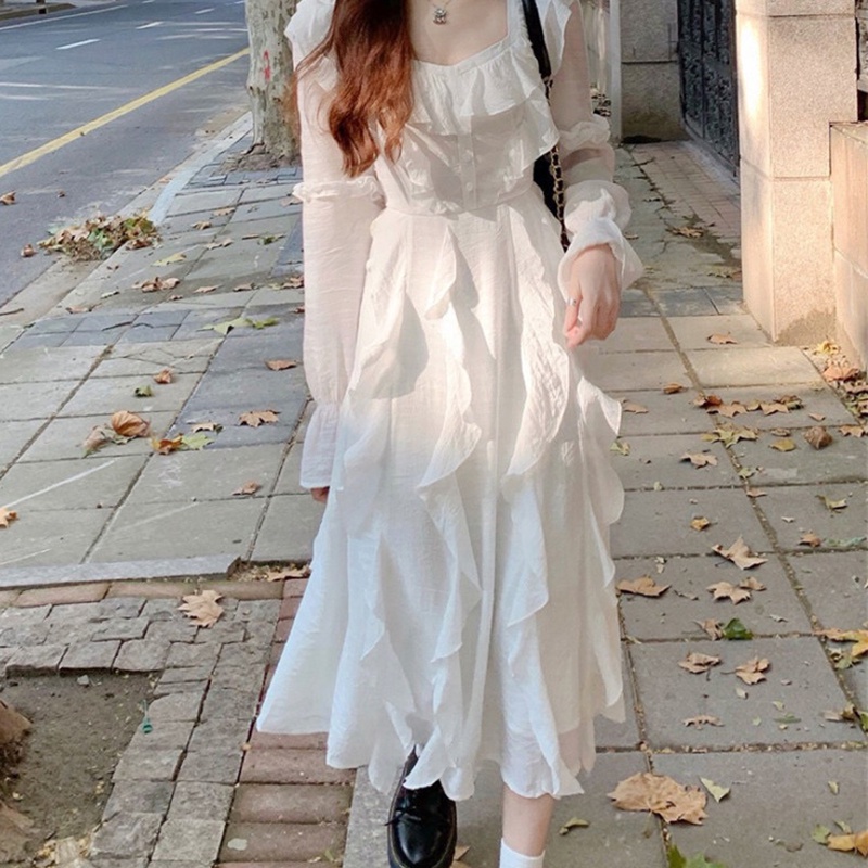 IELGY Đầm Midi Cổ Vuông Màu Trắng Thời Trang Xinh Xắn Cho Nữ