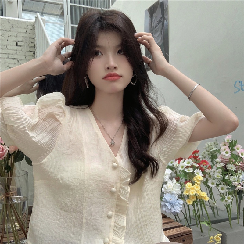 IELGY   Áo Cổ Chữ v Tay Phồng Màu Trơn Phong Cách Hàn Quốc Dành Cho Nữ