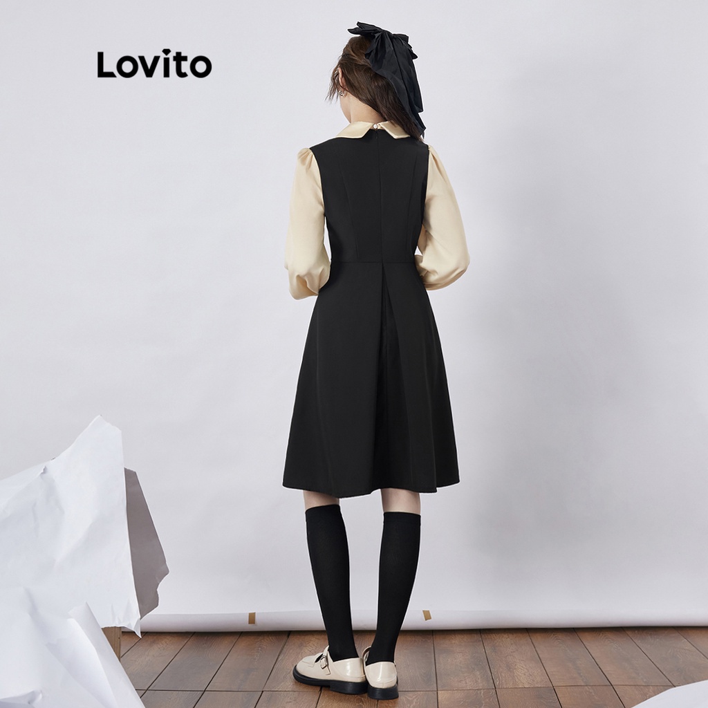 Lovito Vintage Patchwork Tương phản Búp bê Cổ áo Nướng Dài tay Phụ nữ Váy L35AD065