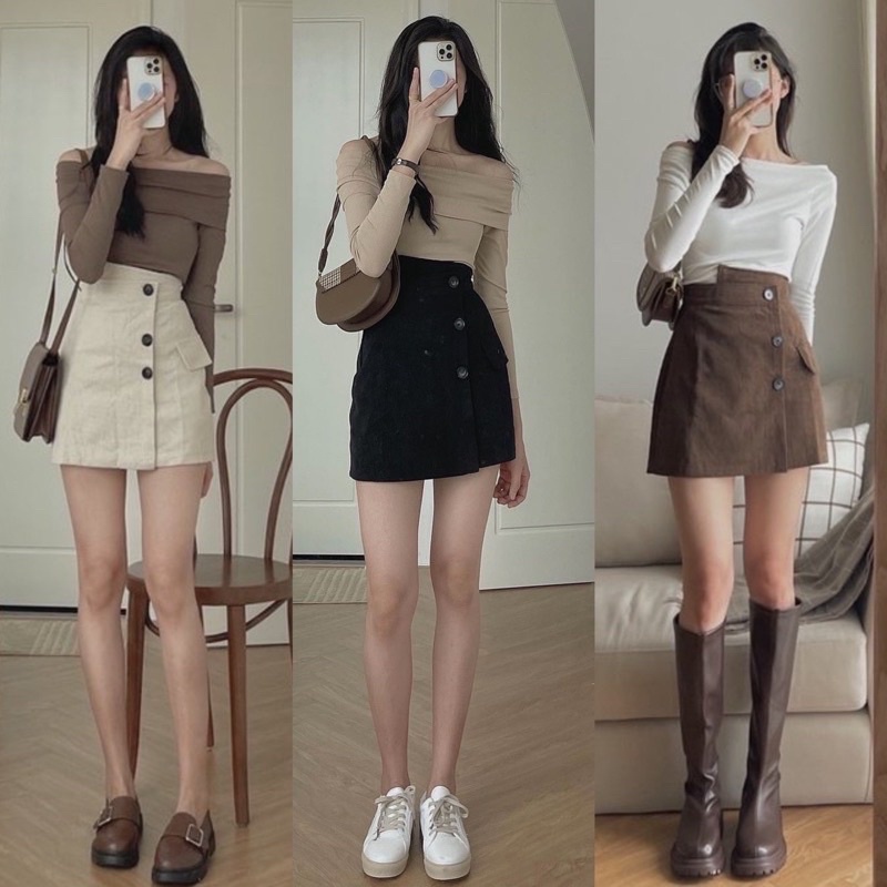 Chân váy nhung tăm vạt lệch lưng cao phối 3 khuy cách điệu, lên dáng siêu xinh